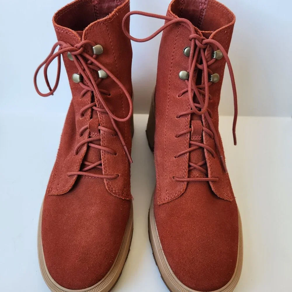 Sorel Hi-Line Heel Suede Lace-Up Platform Boots Orange Rust Red Fall Winter 9.5 - Picture 2 of 10